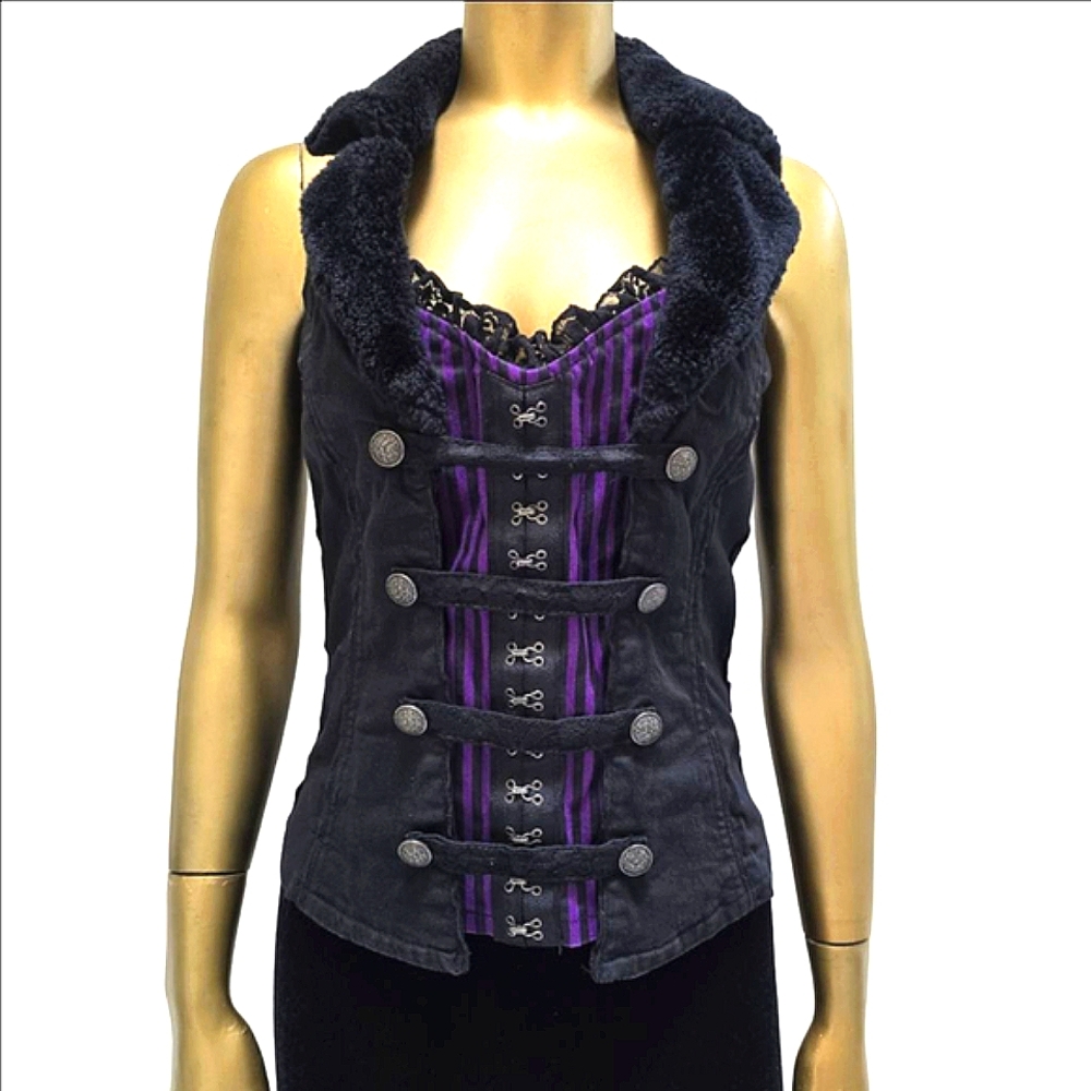 Lip Service Corset Vest Black Purple Striped Fur Collar Size Rare Vintage Punk - Picture 2 of 10
